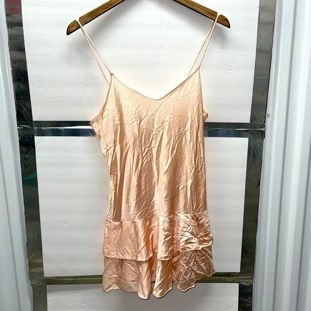 Vintage Satin Sexy Short Peach Spaghetti strap Ruffled Nighty Slip